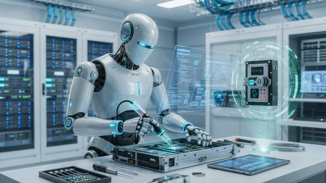 AI robot mechanic helping manage files in the XDATA vault