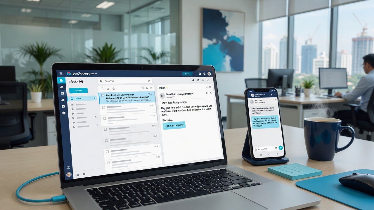 Professional business email inbox on laptop and phone