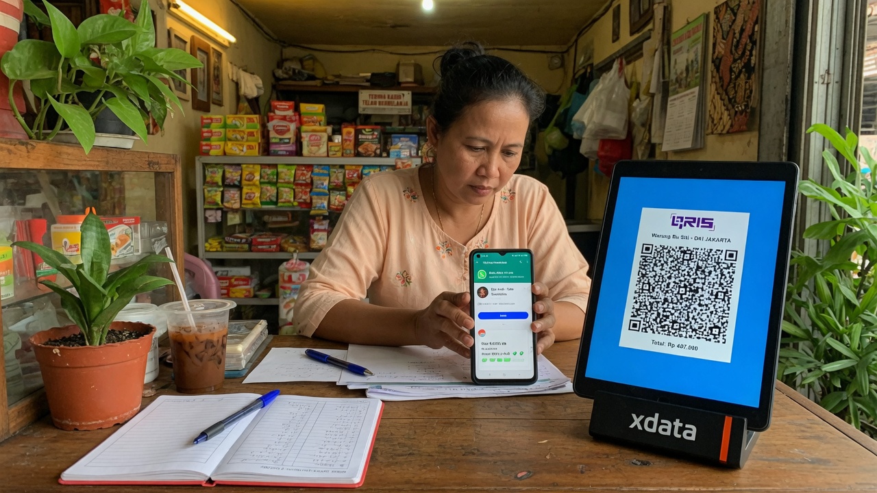 Shop owner sends an Xdata QRIS chat payment link on WhatsApp