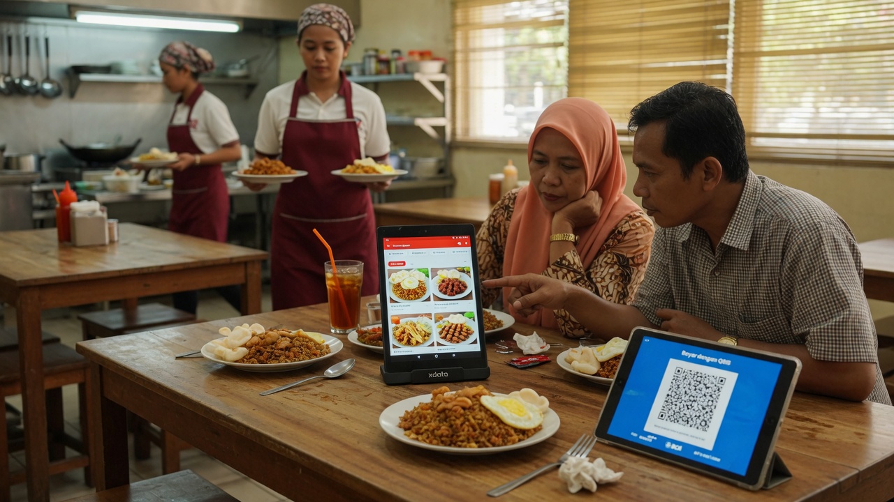 Guests order food on an Xdata table tablet and pay with QRIS at their table