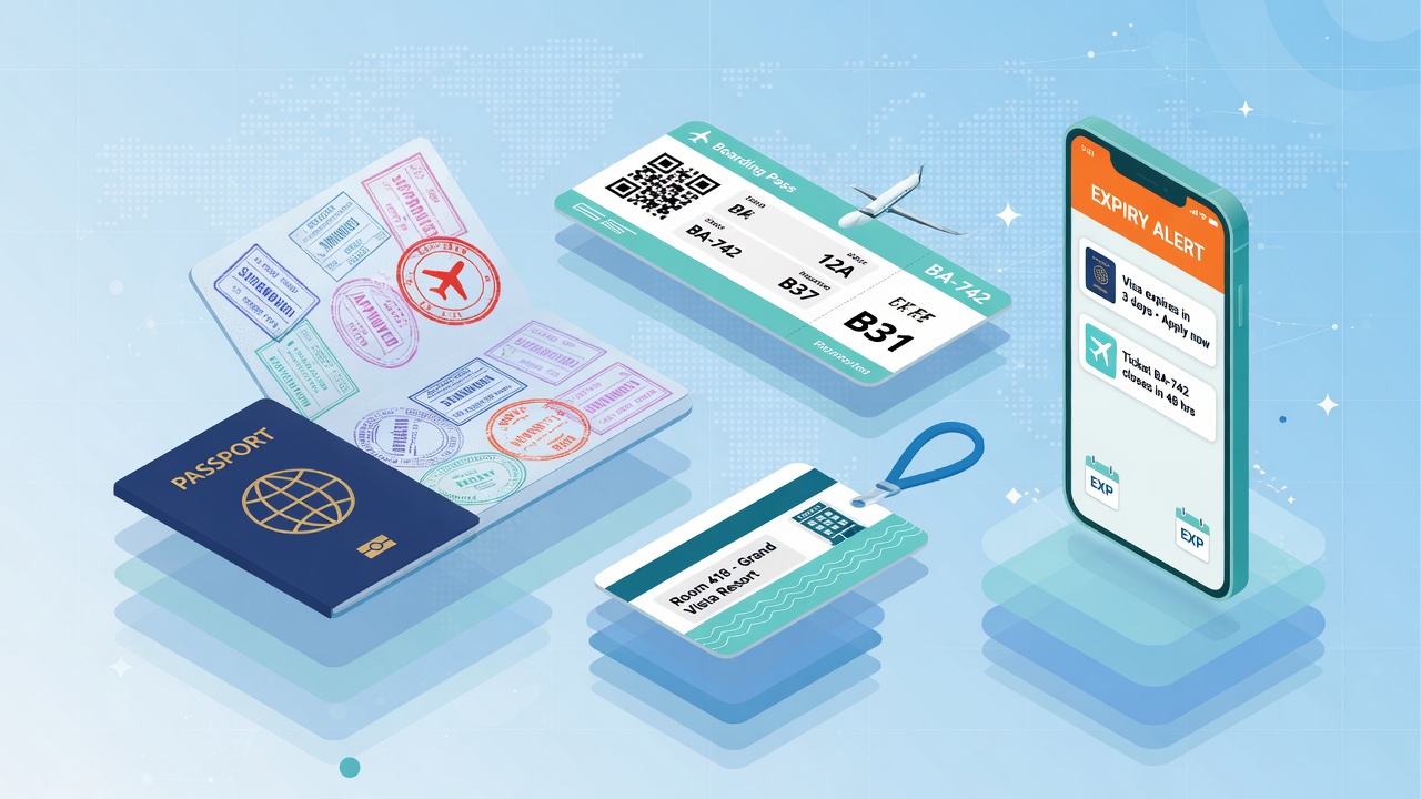 Travel visa, ticket, and accommodation with expiry alerts