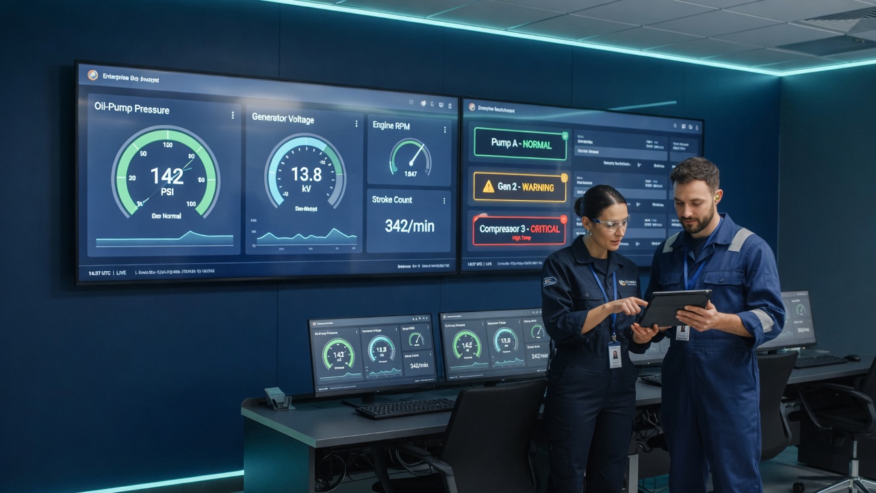 Plant monitoring control room dashboard with live gauges